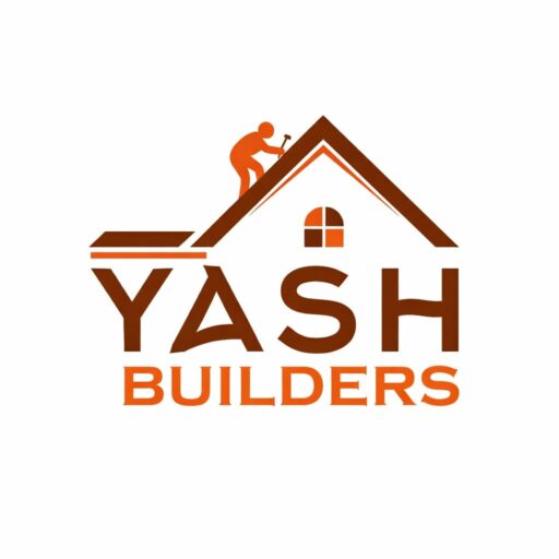 Yash Builders logo featuring a house roof design with construction worker icon in orange and brown colors representing real estate and construction services.